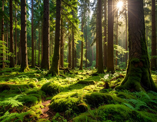 Sunlight in Forest – Sun Rays Breaking Through Trees in Morning Mist