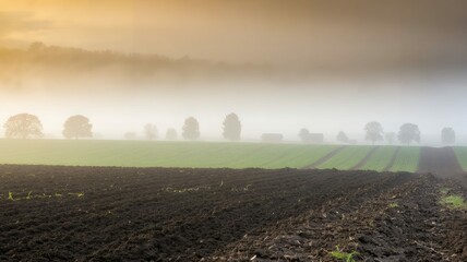 Foggy morning scene over plowed fields and distant trees