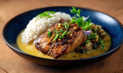 Delicious earthy papeda with ikan kuah kuning served on cobalt plate with sandy beige backdrop highlighting vibrant colors