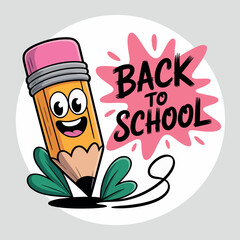 A delightful 'Back To School' illustration featuring a happy pencil and vibrant pink splash art. Ideal for educational promotions, welcoming students, or any design celebrating the return to learning.