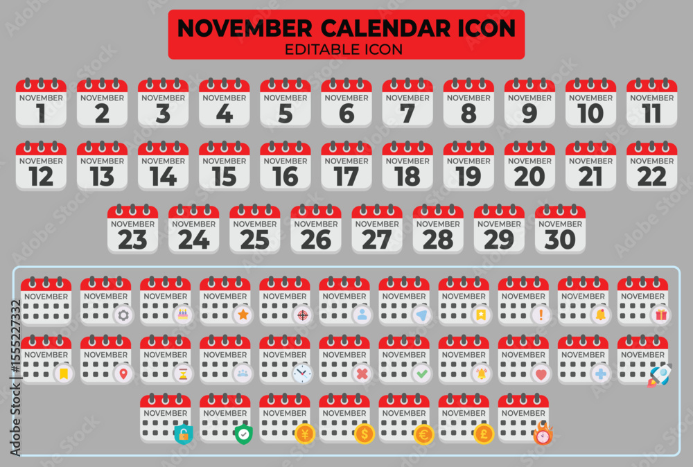 Poster comprehensive november calendar icon set for digital and print design project usage