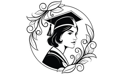 Elegant black and white illustration of a young woman wearing a graduation cap and gown framed by decorative floral swirls and leaves symbolizing academic achievement and success