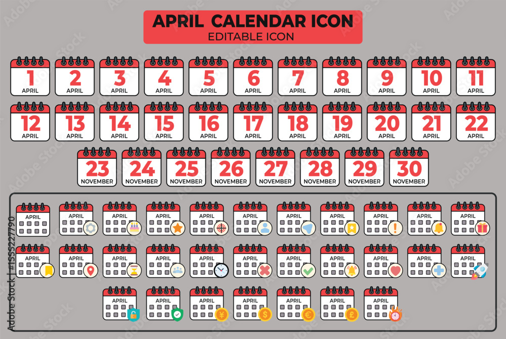 Poster editable april calendar icon set with customizable elements for planning and organizing
