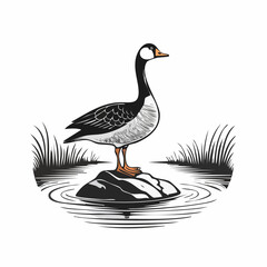 Goose Standing on a Rock in the Middle of a River Vector Illustration Design