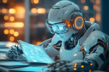 Advanced humanoid robot analyzing glowing blueprint, showcasing the future of engineering and artificial intelligence in a technologically advanced laboratory