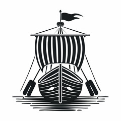 Black and White Ancient Viking Ship Front View Vector Illustration for Historical and Nautical Themes