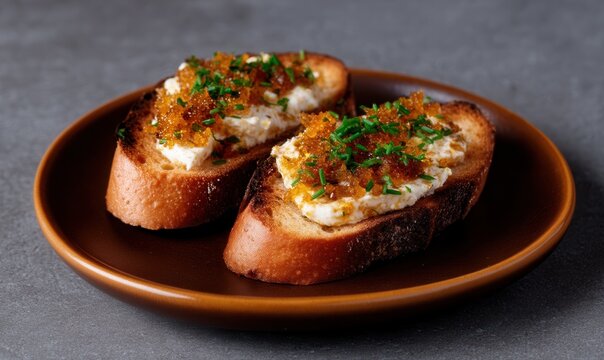 Delicious aromatic grated bottarga atop crispy toasted bread garnished with fresh herbs on a deep ochre plate