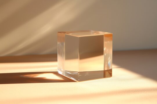 Empty transparent glass cube reflecting sunlight creates beautiful caustics and shadows on a warm beige background