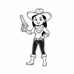 Cowgirl with a gun stock illustration. Cowgirl standing smiling and holding gun Vector Image