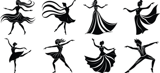 Vector art of silhouetted dancers in various poses isolated on transparent background