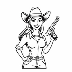 Cowgirl with a gun stock illustration. Cowgirl standing smiling and holding gun Vector Image