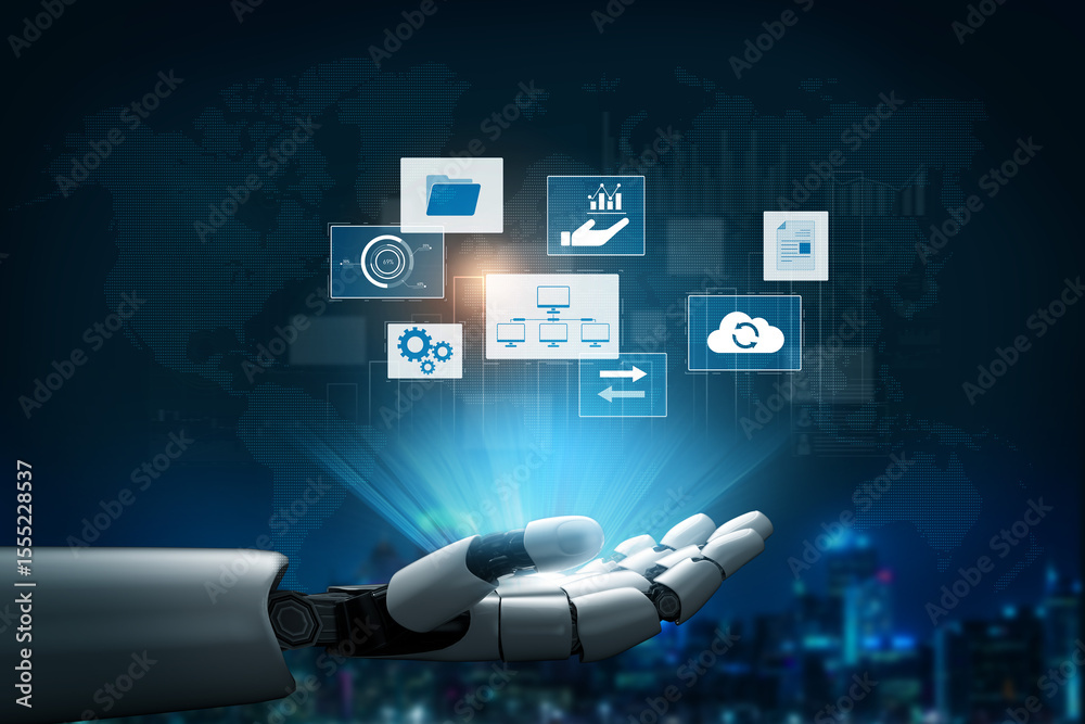 Poster ai coordinating business infrastructure, managing digital systems, synchronizing cloud platforms, an