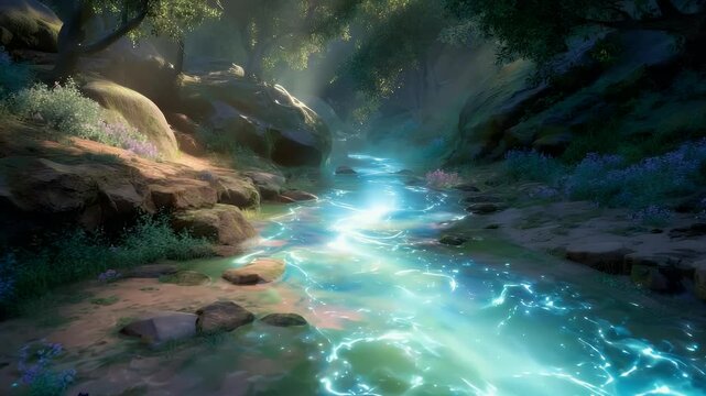 Magical forest stream scene