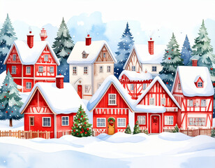 Christmas village snowy scene, transparent background  