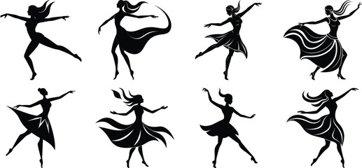 Vector art of silhouetted female dancers isolated on transparent background