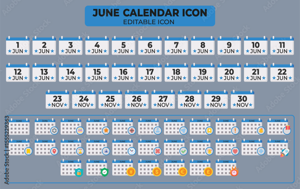 Poster june calendar icon set for scheduling events and planning with editable elements and design variatio