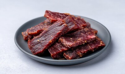 Slices of frozen raw reindeer meat served on a charcoal grey plate with a soft ice blue background for a unique culinary experience