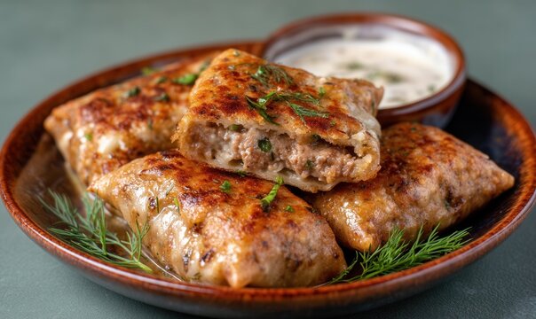 Flaky khinkal served with garlic sauce and lamb pieces on a deep rust plate with a sage green backdrop