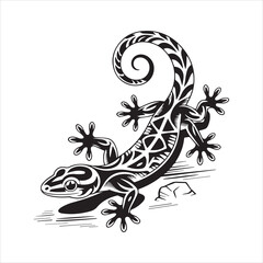 Tribal Lizard Vector Illustration,Black and White Lizard Tattoo Design,Stylized Lizard Silhouette Artwork,Decorative Lizard Vector Drawing,Lizard Design with Tribal Patterns,Geometric Lizard Vector