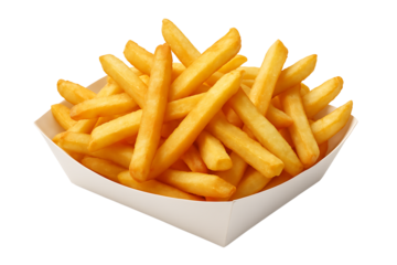 Golden Crispy French Fries in Paper Tray Isolated on White