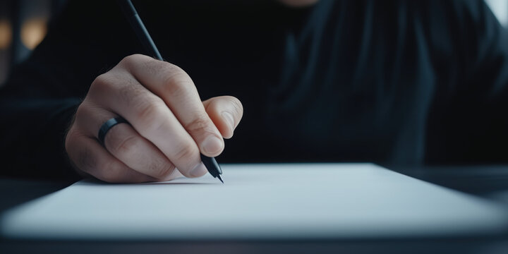 Close-up of male hand writing on blank paper with black pen. Focus, ideas and creativity in action