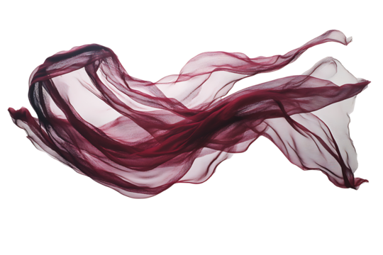 Crimson red fabric swirling dynamically in the air, frozen in motion against a pure transparent background 