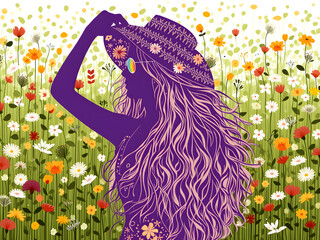 Doodle floral hippie chic bohemian style illustration. Beautiful hippie silhouette dancer woman with long curly hair wearing rainbow sunglasses and a straw hat in a garden of flowers.