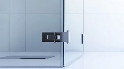 Glass shower enclosure door with metal hinges, frameless design, isolated on white background, contemporary bathroom architecture