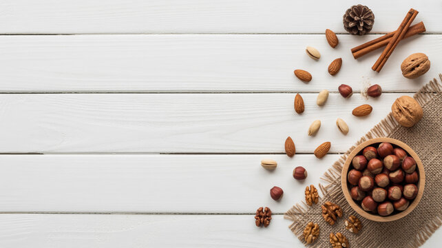 Overhead Shot of Assorted Nuts Cinnamon Sticks and Pine Cone on White Wooden Background with Copy Space