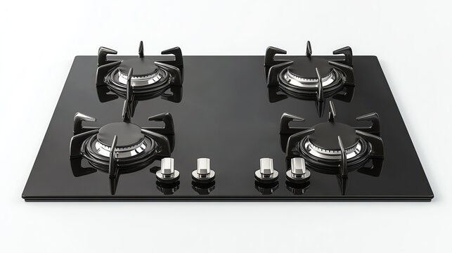 Gas stove top with four burners and safety control knobs, black tempered glass surface, isolated on white background