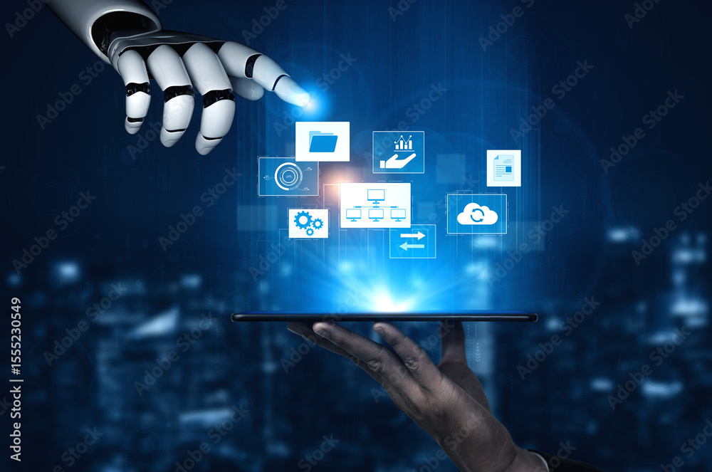 Poster ai coordinating business infrastructure, managing digital systems, synchronizing cloud platforms, an