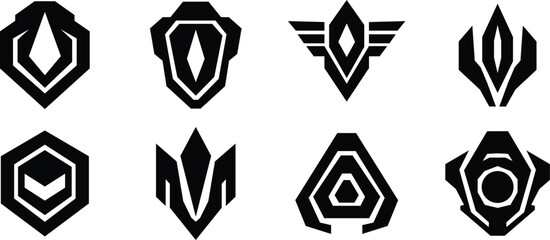 Futuristic abstract esports badge and rank icon designs in black silhouette for gaming or competition branding