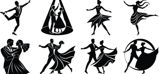 Vector art of silhouetted dancing couples in various poses isolated on transparent