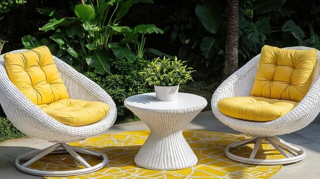 White wicker outdoor chairs and a table with yellow cushions on a yellow patterned rug