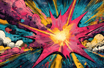 Pop art style illustration background with pink star burst explosion. Vibrant comic book design. Retro style graphic design featuring pink yellow blue black and white colors and geometric forms.