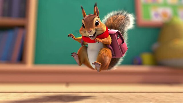Cute cartoon squirrel with backpack and scarf in classroom. Back to school, study, childhood, knowledge, children&rsquo;s learning, education, and motivation copy space for text animated background