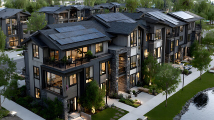 Modern eco-friendly multifamily homes with photovoltaic cells