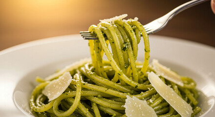 Close-up of pasta al pesto with fork twirling noodles