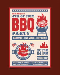 4th of July BBQ party vertical flyer, independence day bbq invitation poster vector template design