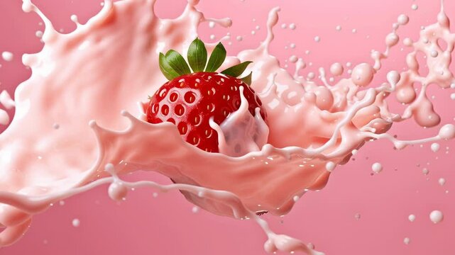 Strawberry Splash in Pink Bliss A vibrant, close-up shot of a luscious strawberry gracefully suspended amidst a splash of creamy pink, capturing the essence of freshness and flavor.