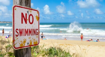 No Swimming Sign on Beach with People in Background
