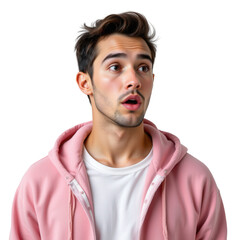 Obraz premium Young man with surprised expression wearing pink hoodie looking upwards with open mouth against white background