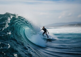 Epic Barrel Wave Surfer. A thrilling moment captured as a skilled individual navigates a magnificent, curling ocean swell. This image embodies adventure, power, and freedom.