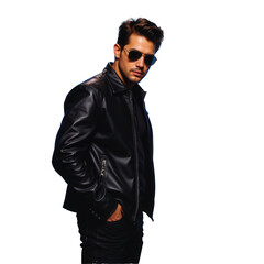 Obraz premium Stylish man in black leather jacket wearing sunglasses posing confidently against a plain background