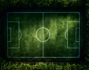 Aerial view of empty football field. Green grass texture with white lines marking pitch. Top down view of soccer field. Soccer game playground for sport. Competition field for match. Championship