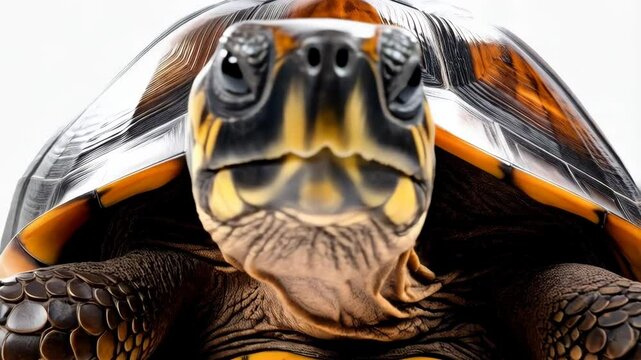 Closeup portrait of a brown, black, and yellow tortoise, showcasing its shell and detailed skin texture against a plain white background