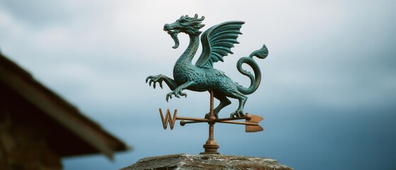 A sculpted dragon with verdant wings gracefully perches atop a weather vane, against a backdrop of a moody sky, exuding ancient power and elegance.