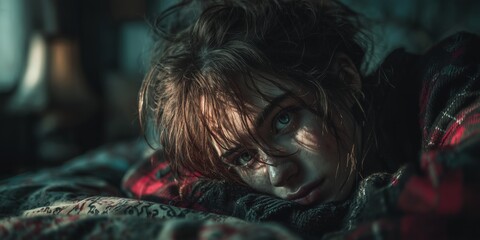 Person, young female with serious expression is lying on the sofa. The lighting creates a dramatic and intense atmosphere. Loneliness, stress, bullying, problems of teenagers and youth, concept.