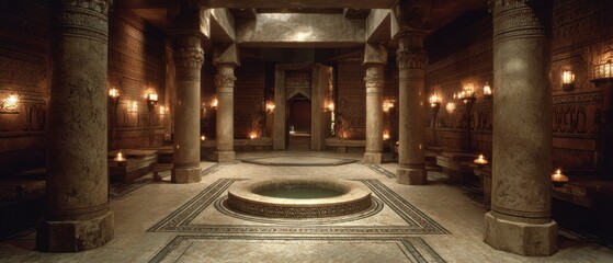 Obraz premium A magnificent spa setting with grand columns and tranquil ambient lighting, exuding luxury and serenity.