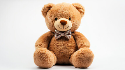 Fototapeta premium Plush teddy bear with bow tie and soft fur texture, seated pose, isolated on white background, children s cuddle toy